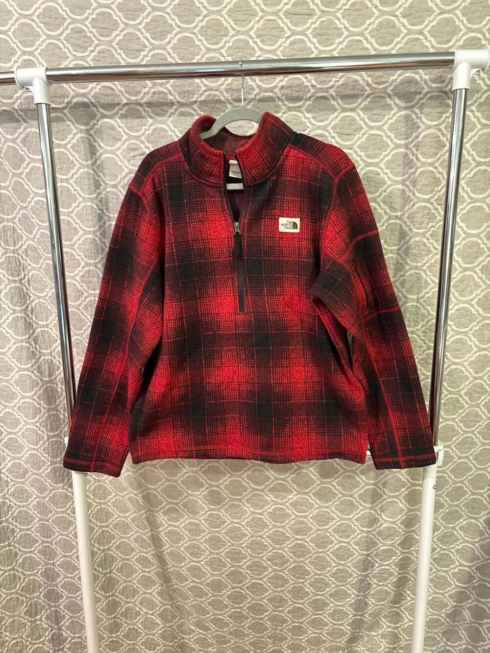 The North Face Men's TKA Glacier 1/4 Zip Fleece Pullover Red Black Plaid Size L